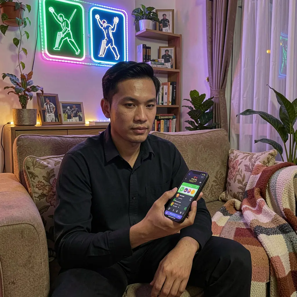 Philippine player using the PHMAGIC sports betting app on his phone with glowing cricket icons and neon lights in a cozy living room