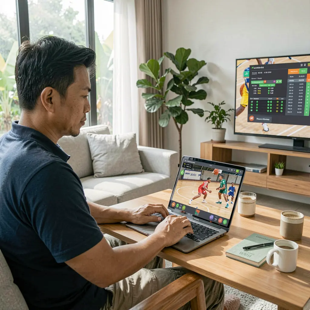 Focused Filipino bettor using the PHMAGIC betting platform on a laptop while watching a live NBA game in a modern home setting