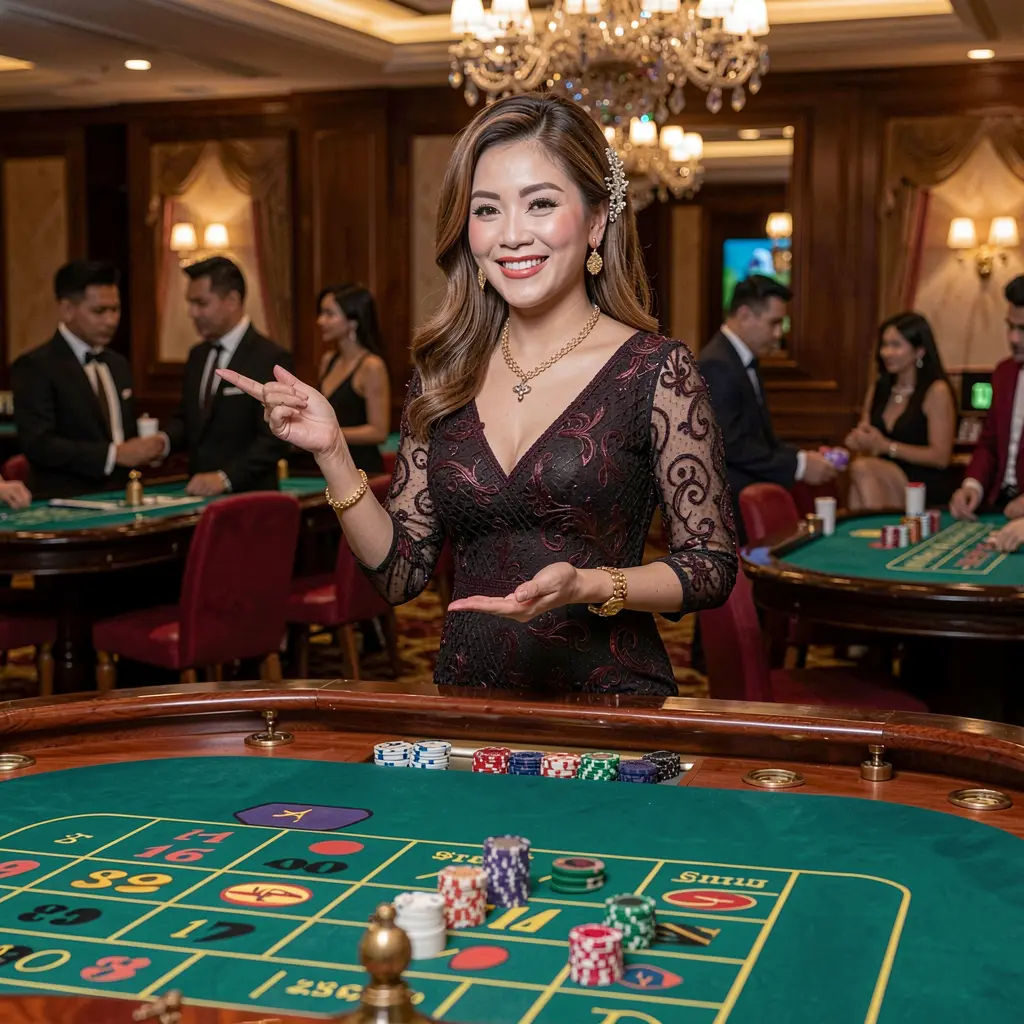 Smiling live casino dealer in an elegant black dress welcoming players at a roulette table inside the luxurious PHMAGIC casino studio in the Philippines