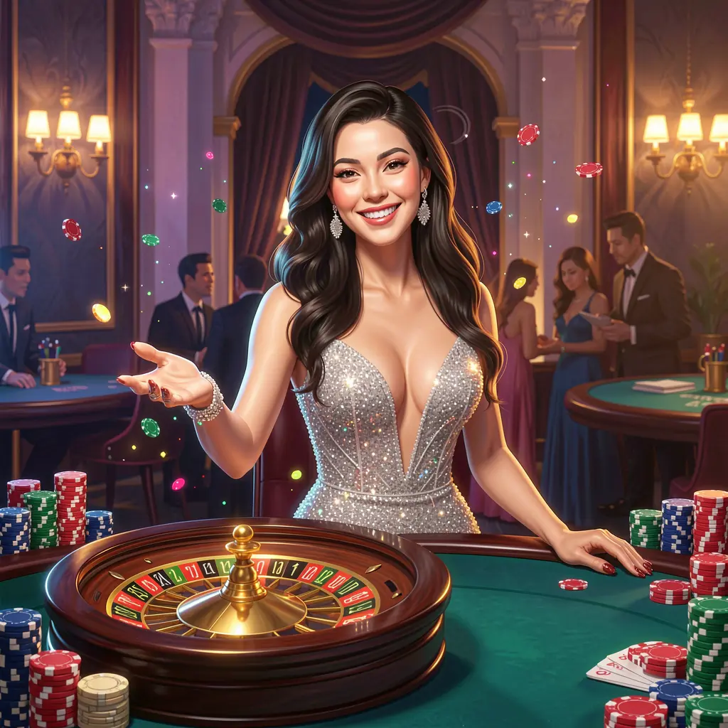 Elegant Filipino casino hostess inviting players to log in with a glowing roulette wheel and flying chips behind her at PHMAGIC Philippines